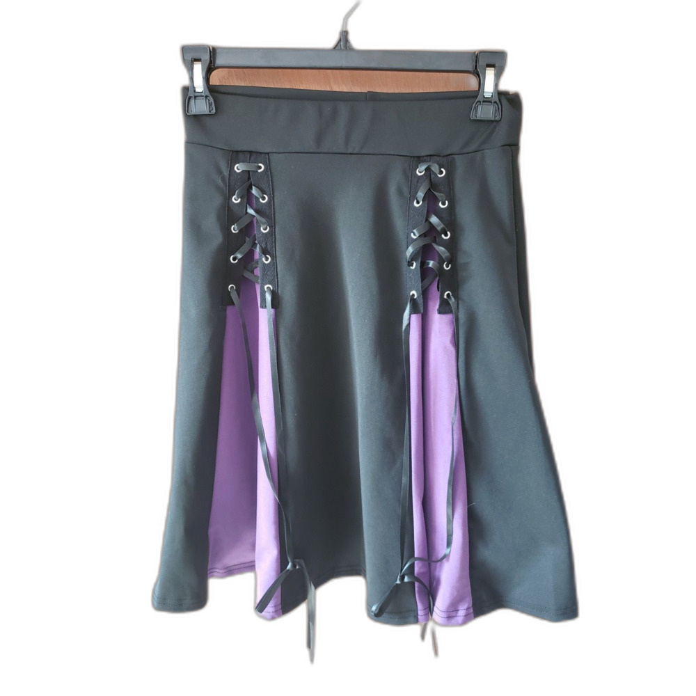 Black Purple Gothic Skirt Short/Mini Lace Up Ribbons Goth Flare Size Small NEW